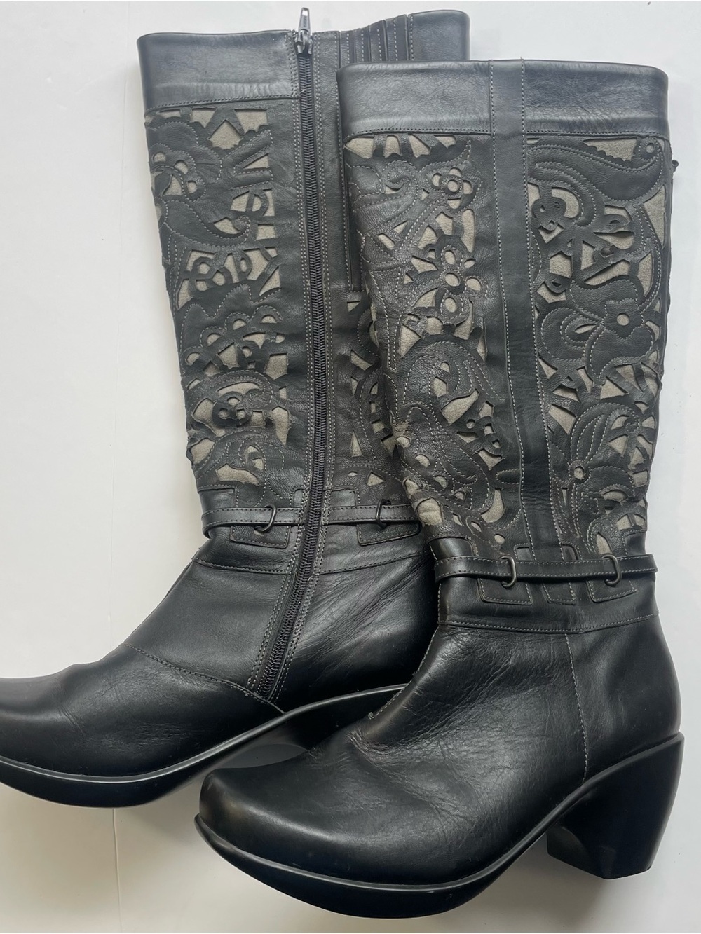 US9 Naot Viento Tall Leather Boots Black Grey Laser Cut Scroll Med Goth